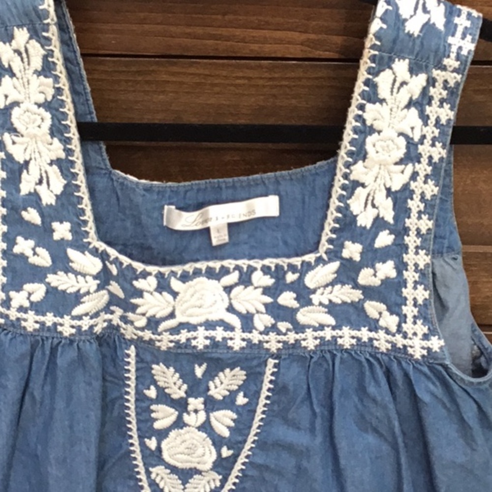 Lover + Friends jean top with white macramé  NWOT